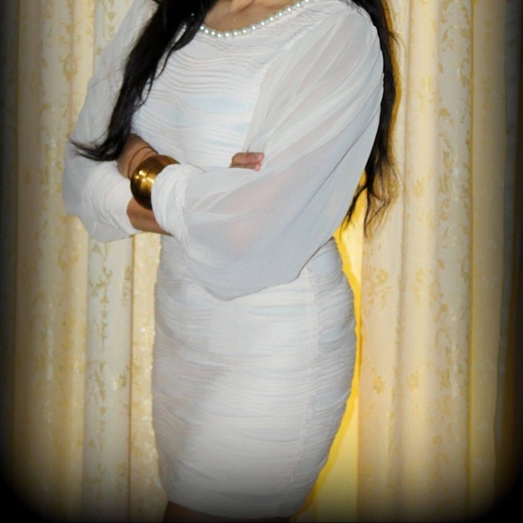 Pearl collar dress fluffy sleeves double lining - Picture 3 of 5